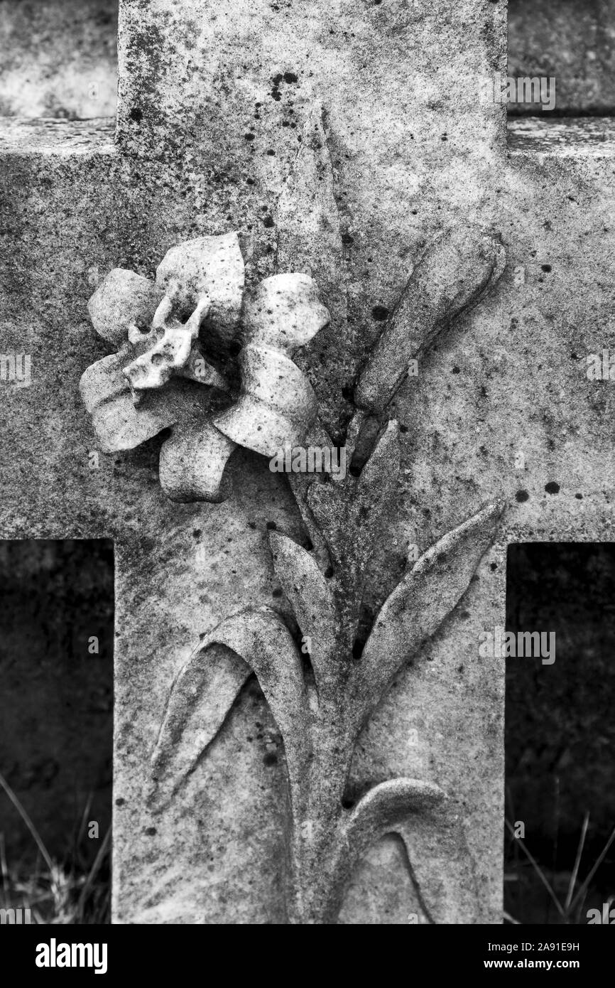 Close up detail of a marble cross shaped gravestone with a craved lily Stock Photo