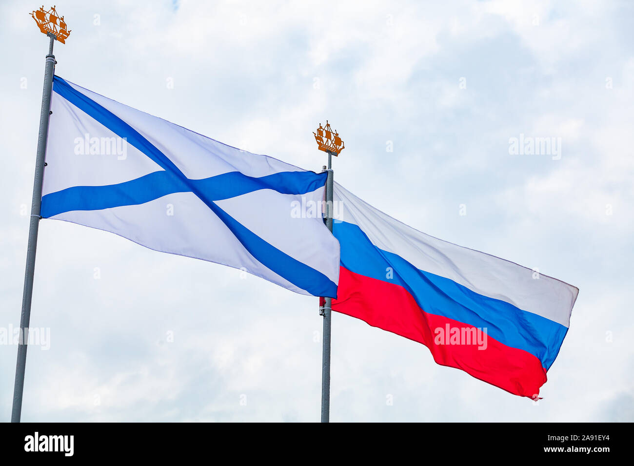 Ensign of the Russian Navy and Flag of Russia Stock Photo