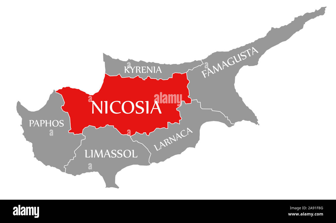 Nicosia red highlighted in map of Cyprus Stock Photo Alamy