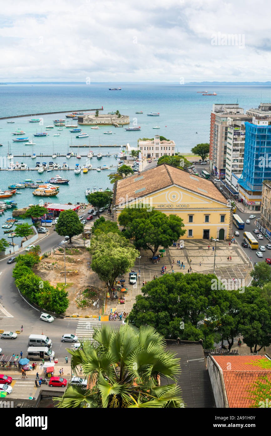 Salvador - Bahia, Brazil - Circa September 2019: A view of Mercado Modelo and the Bay of All Saints from above Stock Photo
