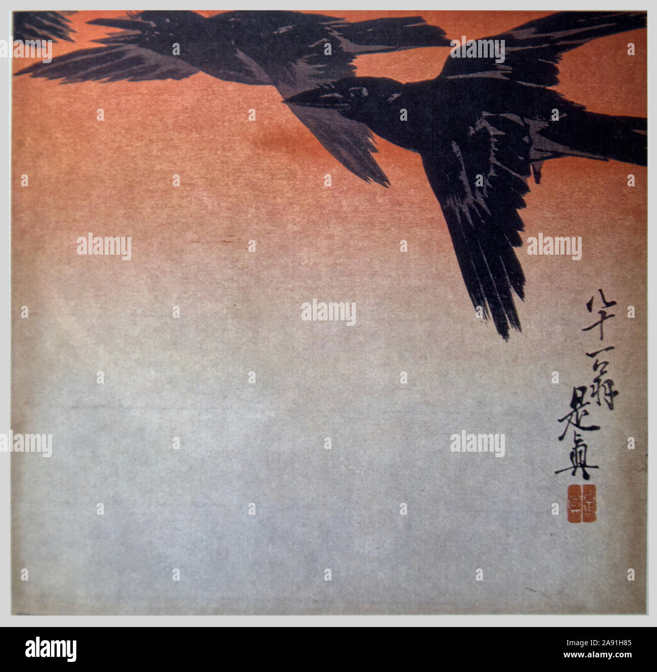 Japanese print 'Crows in Flight' 1887 Stock Photo