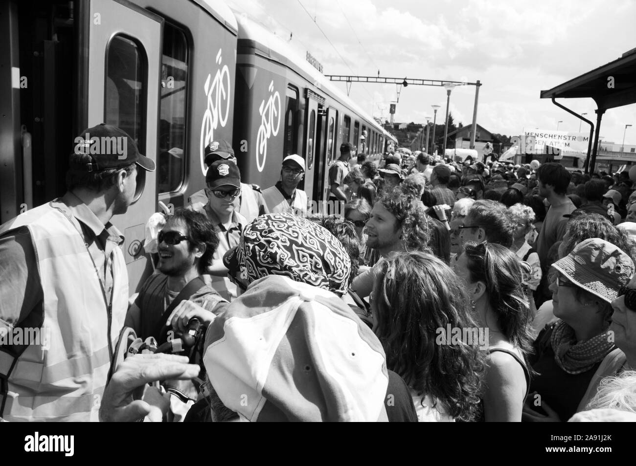 Thousands of people entering the SBB-trains in Döttingen after the anti nuclear protest in Beznau. Stock Photo