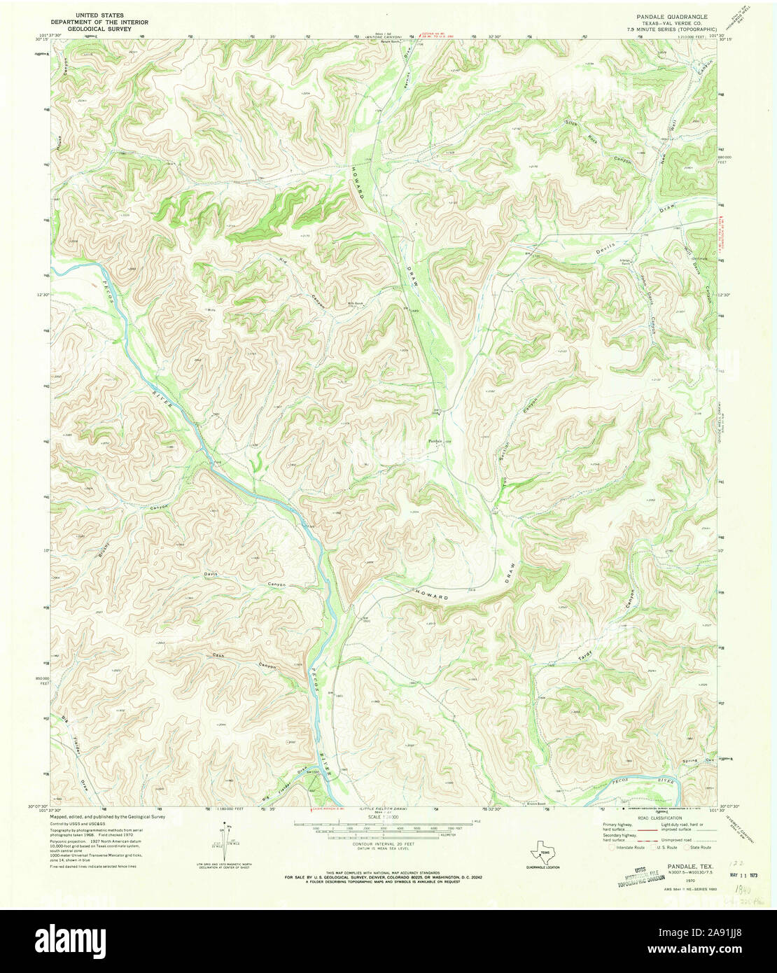 USGS TOPO Map Texas TX Pandale 116221 1970 24000 Restoration Stock Photo