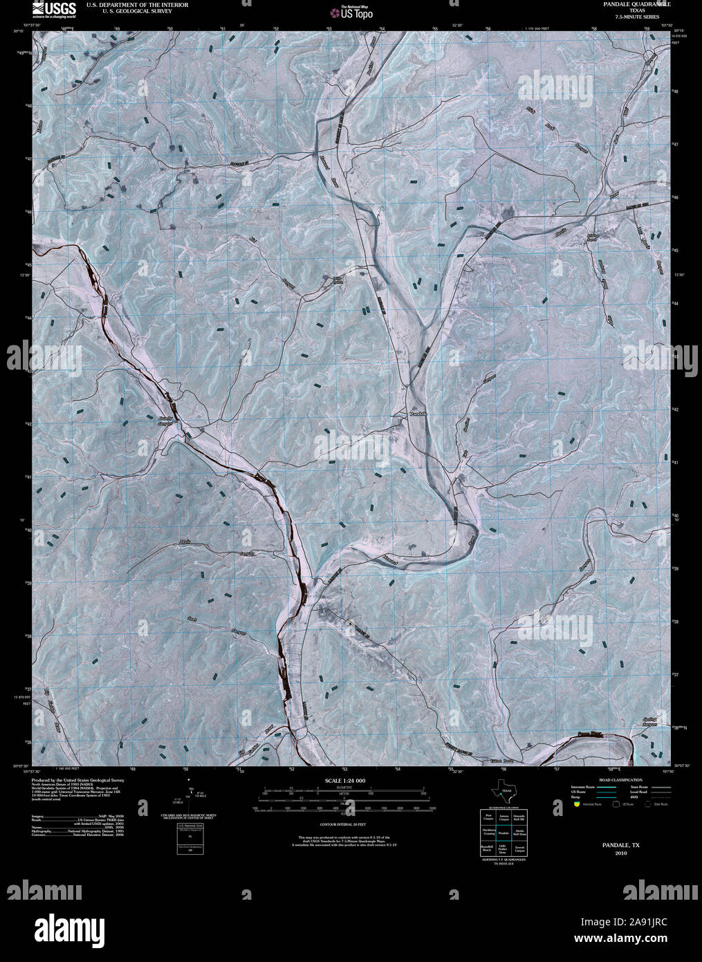 USGS TOPO Map Texas TX Pandale 20100216 TM Inverted Restoration Stock Photo