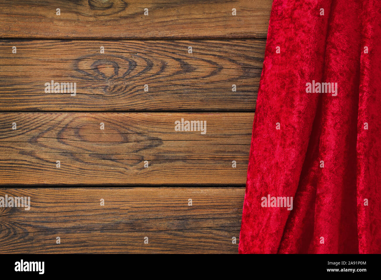 Wooden background and red curtain Stock Photo