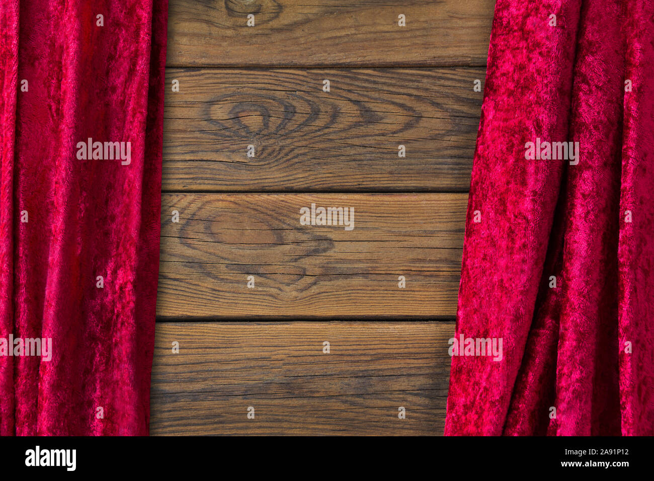 Wooden background and red curtain Stock Photo