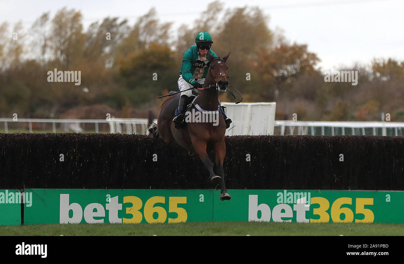 Master Vintage ridden by Daniel Hiskett jumps the last to win the Integral UK NovicesÕ Handicap Chase at Huntingdon Racecourse. Stock Photo