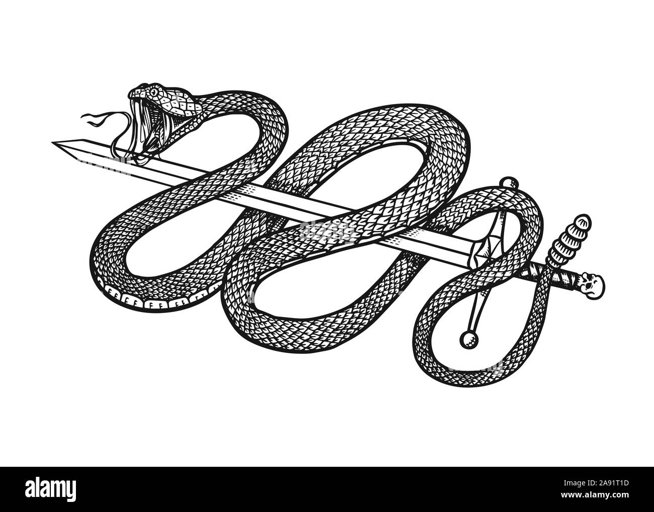 Snake with a sword in Vintage style. Serpent cobra or python or ...