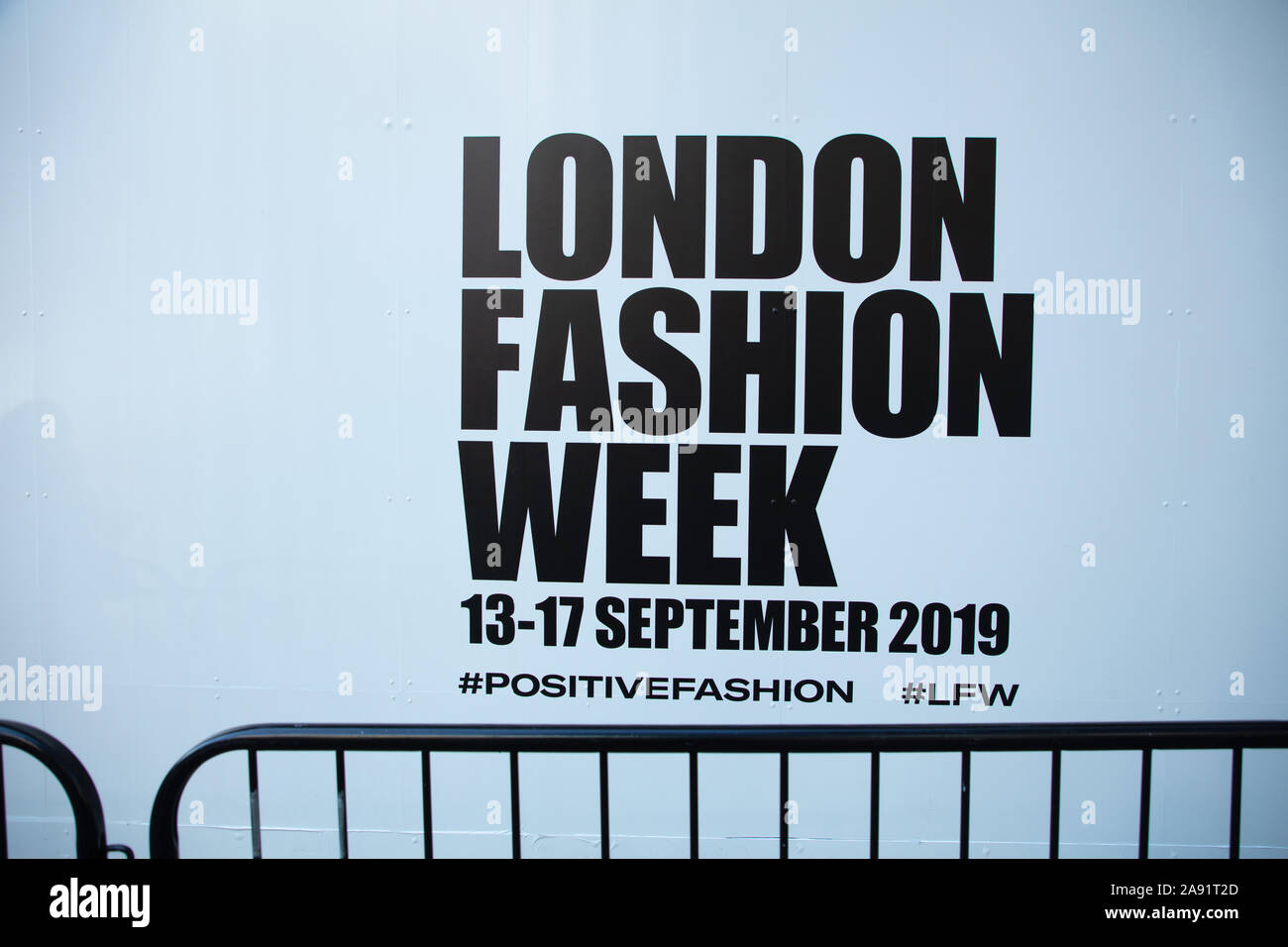 London, UK. 13th September 2019. London Fashion Week board seen at entrance of The Store X on 180 Strand. Credit: Joe Kuis / Alamy News Stock Photo
