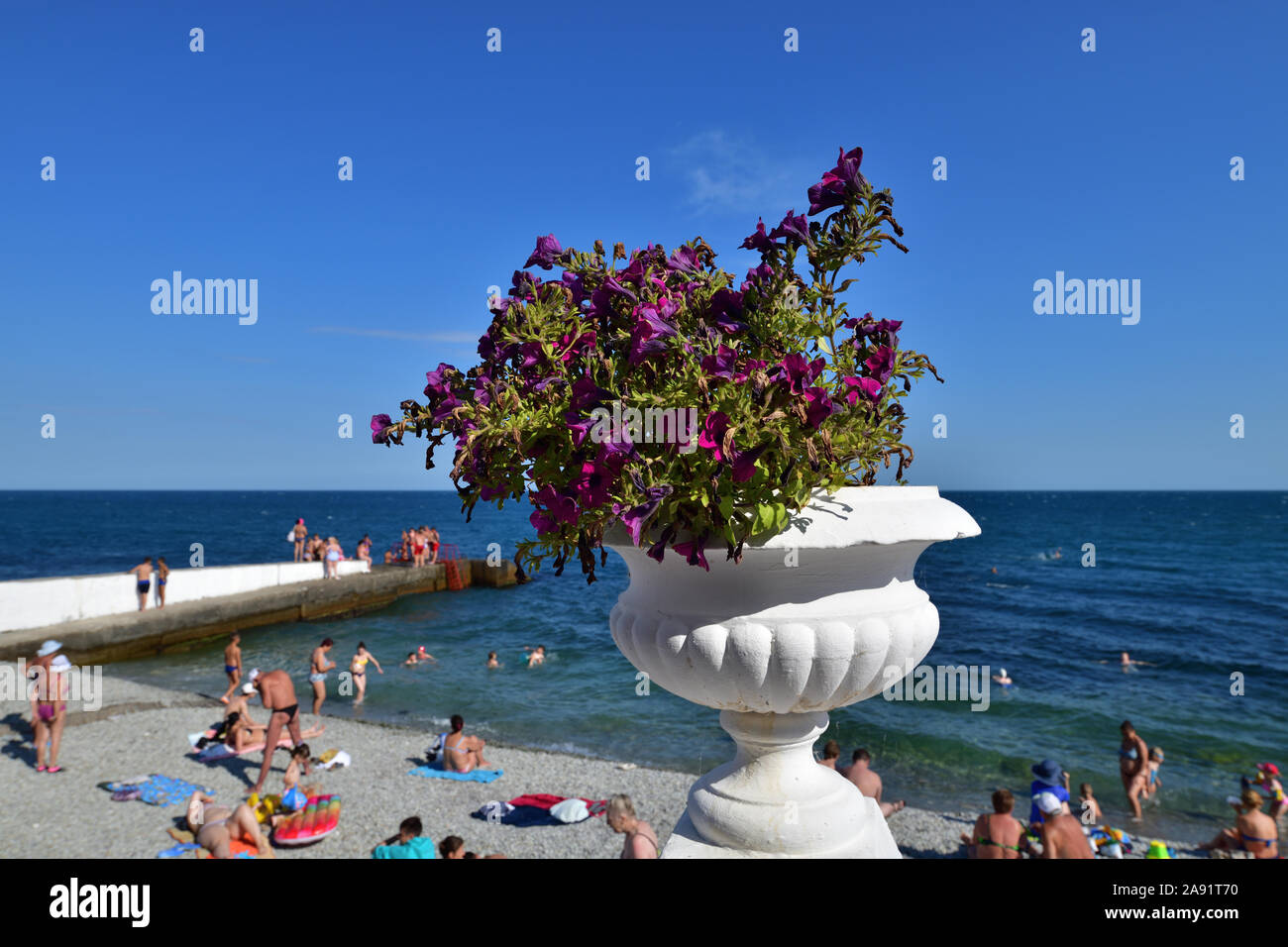 Koreiz, Crimea - July 6. 2019. Beach of the sanatorium Miskhor Stock Photo