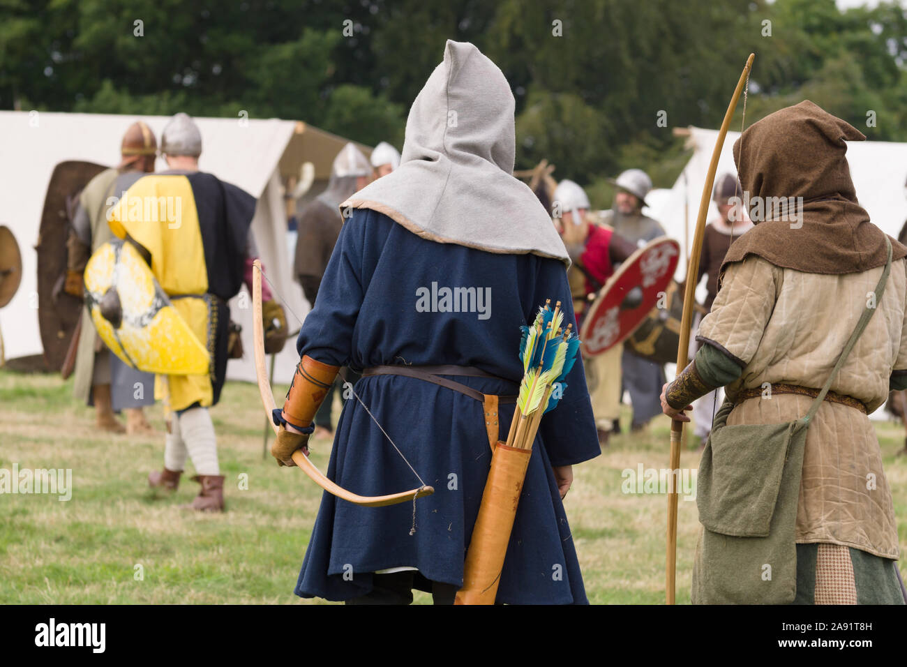 Medieval battle re-enactors dressed as archers belonging to the Cwmwd Ial society re-enacting the battle of Crogen 1165 in North Wales Stock Photo