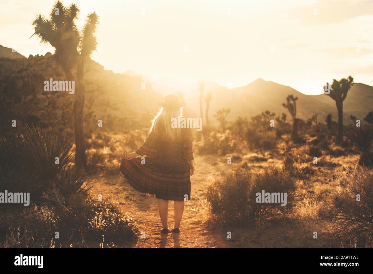 Woman on desert at sunset Stock Photo