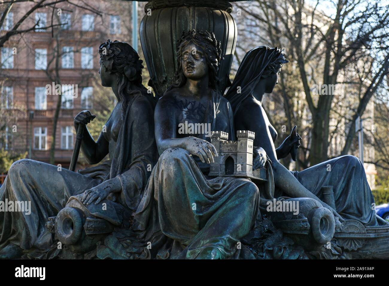 BERLIN - MARCH 3, 2014: Wrangelbrunnen, a fountain in Berlin-Kreuzberg, built in 1877 by Hugo Hagen. Four figures personifying the four rivers Rhine, Stock Photo