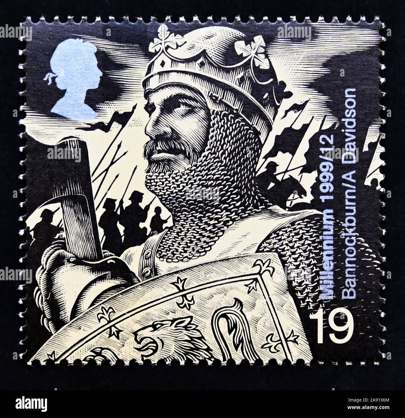 Postage stamp. Great Britain. Queen Elizabeth II. Millennium Series. The Soldier's Tale. Robert the Bruce (Battle of Bannockburn, 1314). 19p. Stock Photo