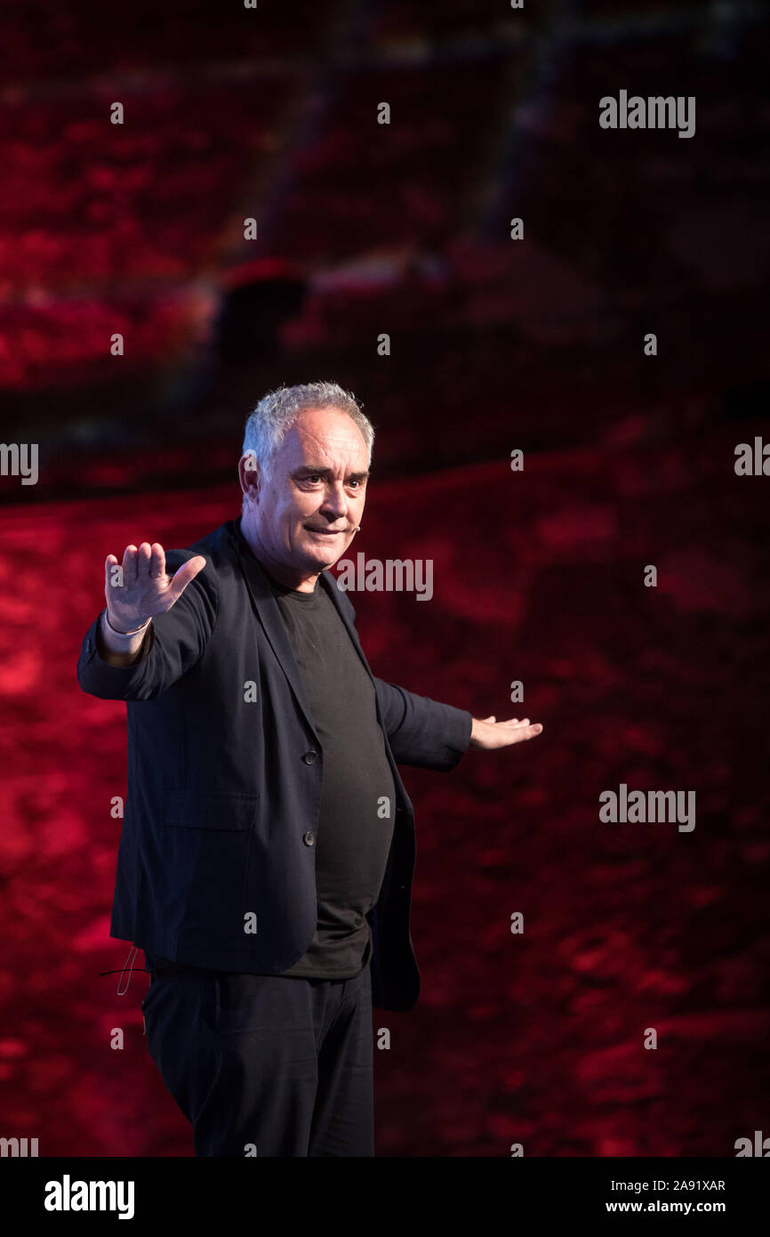 Ferran Adrià speaks on stage during Estrella Damm Congress Gastronomy in Lisbon, Portugal. Stock Photo