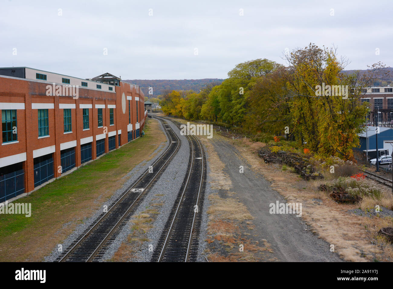 SCRANTON, PENNSYLVANIA - 30 OCT 2019: Railroad tracks behind the Marketplace at Steamtown. Stock Photo