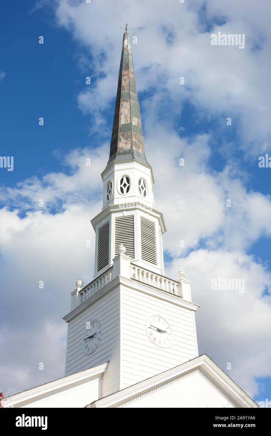 WESTFIELD, NEW JERSEY - 02 NOV 2019: Closeup of the Clock tower and steeple on the First Congregational Church. Stock Photo