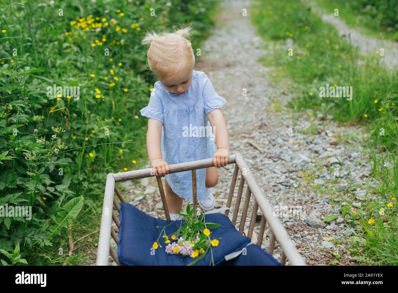 Girl with wooden cart Stock Photo