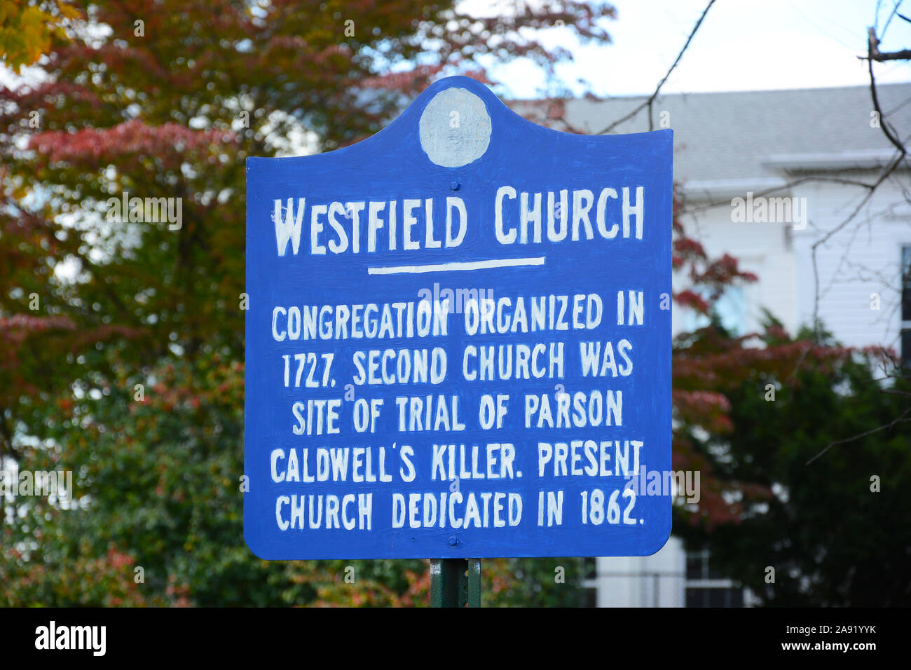 WESTFIELD, NEW JERSEY - 02 NOV 2019: Sign for the Westfield Church a historic house of worship in the small town. Stock Photo