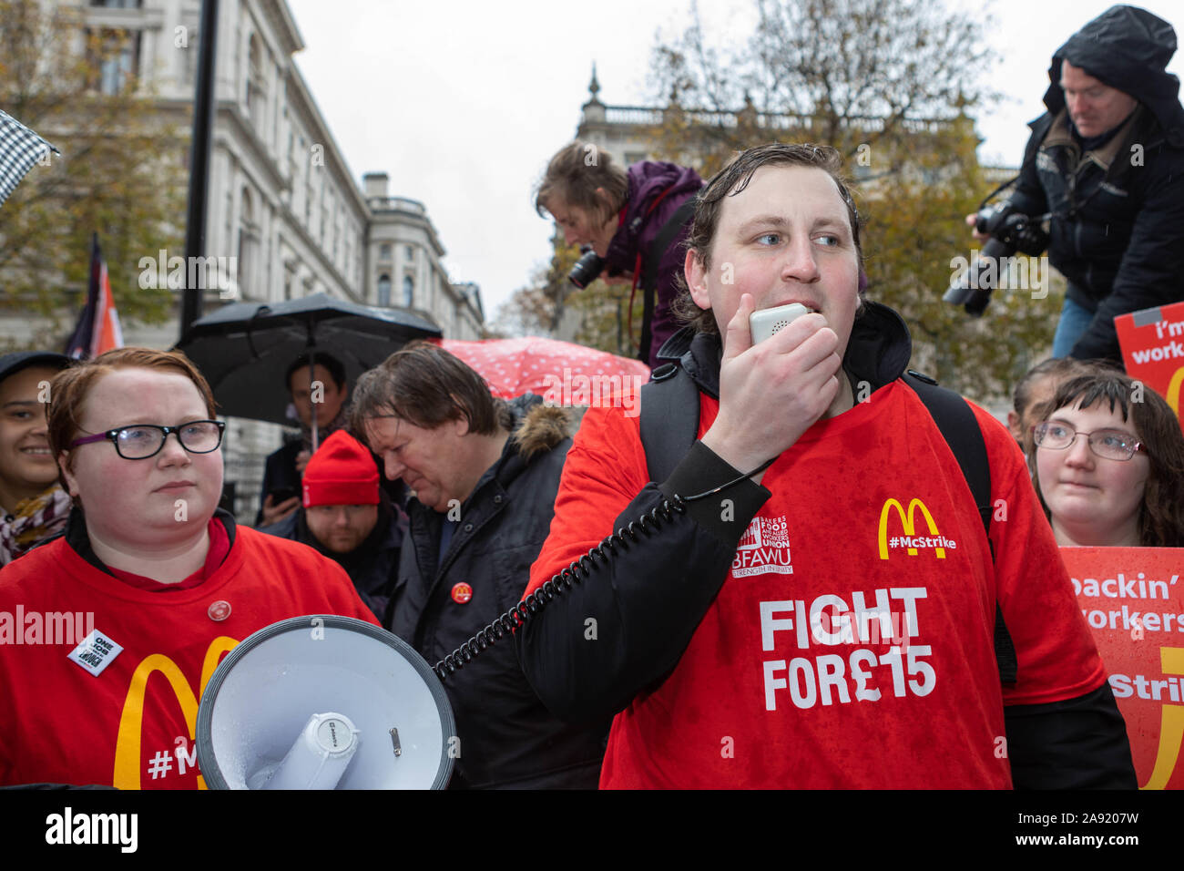 Downing street, Westminster, London, UK. 12th Nov, 2019. Struggling McDonald's workers outside Downing Street, strike for higher wages. Employees are demanding £15 per hour, to end youth rates, a choice of hours of up to 40 hours a week and four weeks notice for shift changes. Penelope Barritt/Alamy Live News Stock Photo