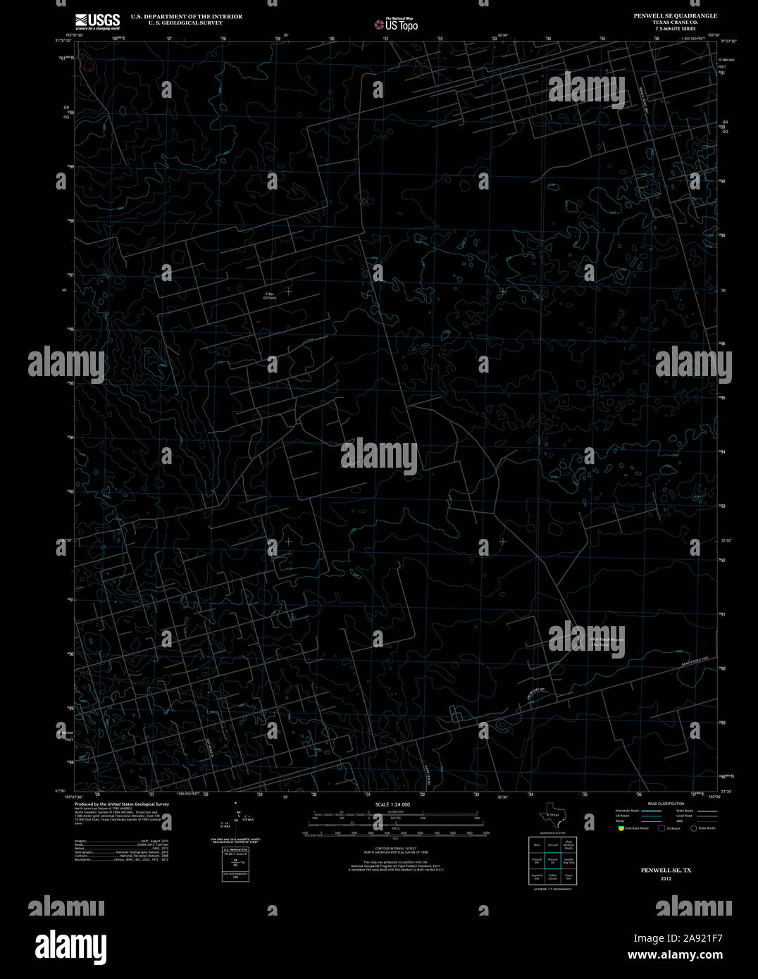 USGS TOPO Map Texas TX Penwell SE 20121220 TM Inverted Restoration Stock Photo