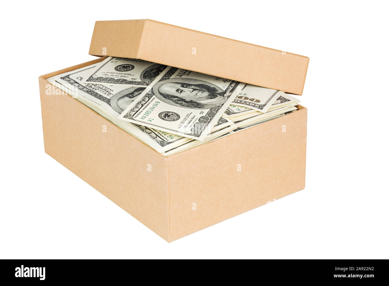 a small cardboard box with dollar banknotes isolated on white