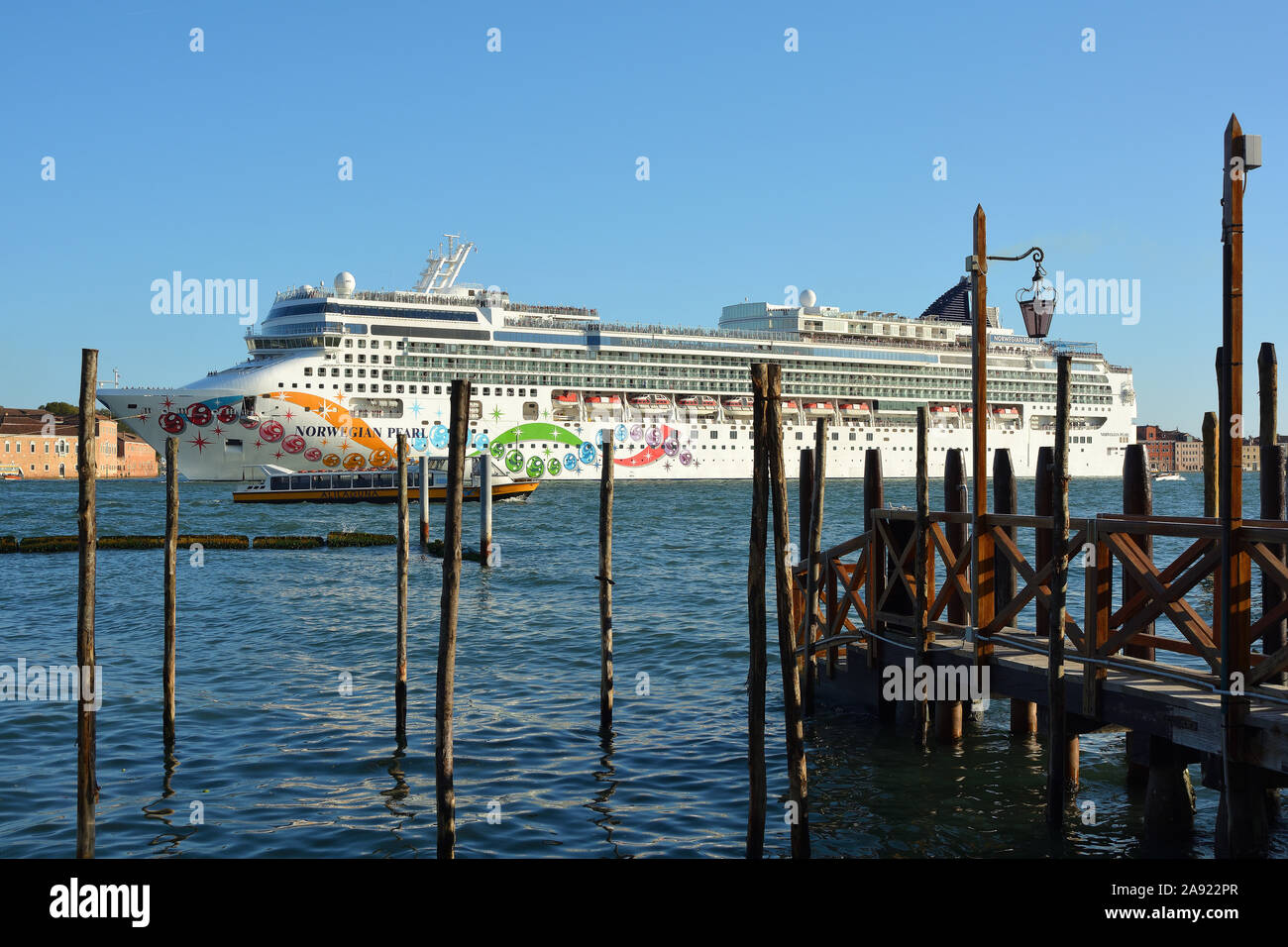 Cruise ship in the Lagoon bevor San Marco in Venice - Italy. Stock Photo