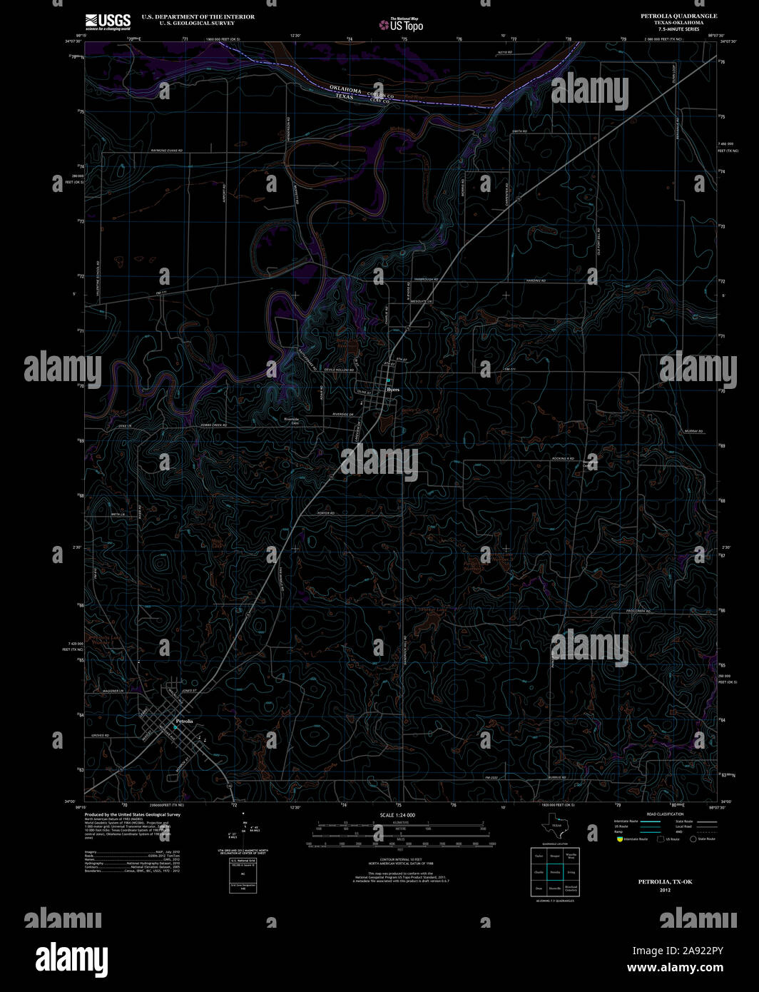 USGS TOPO Map Texas TX Petrolia 20121102 TM Inverted Restoration Stock Photo