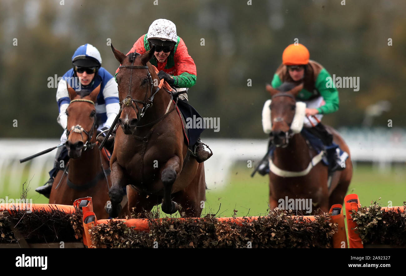 Dan Gun ridden by Connor Brace (centre) jumps the last to win the Integral UK Handicap Hurdle, Division One at Huntingdon Racecourse. Stock Photo