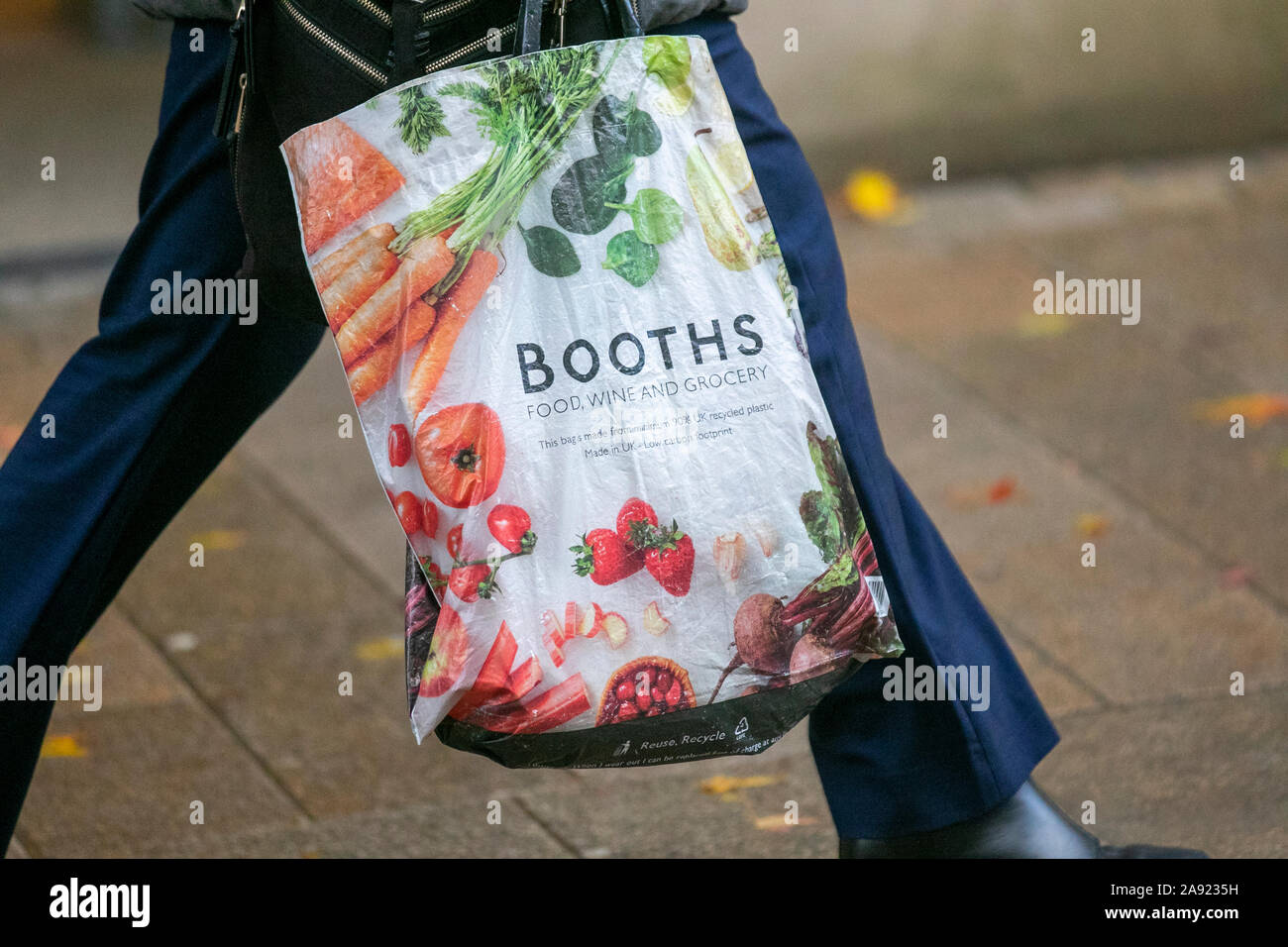 Booths supermarket groceries; 100 recycled grocery plastic reusable
