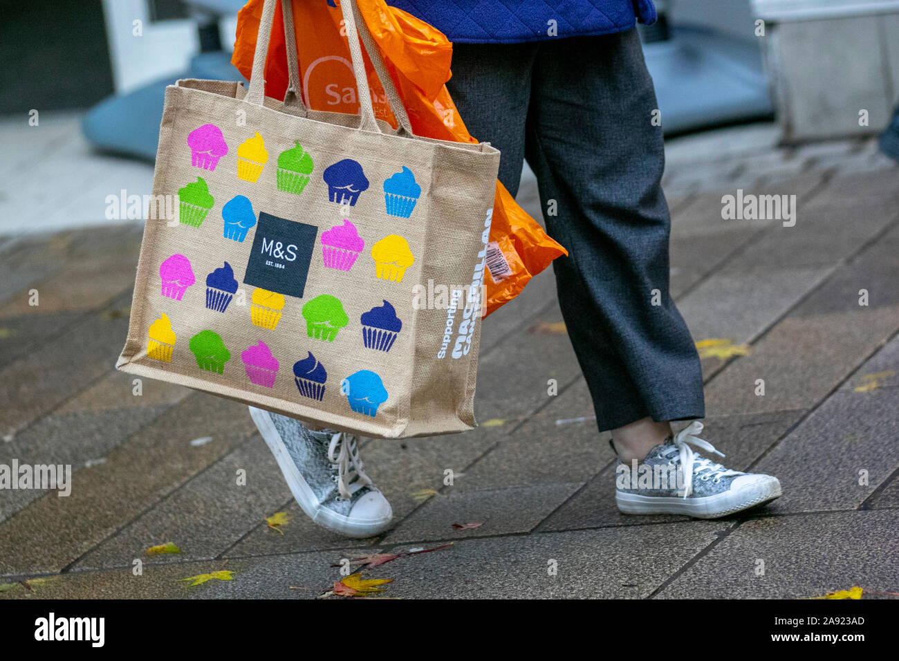 M&S 100% recycled plastic reusable jute store Bags for Life, Fishergate,  Preston, UK Stock Photo - Alamy