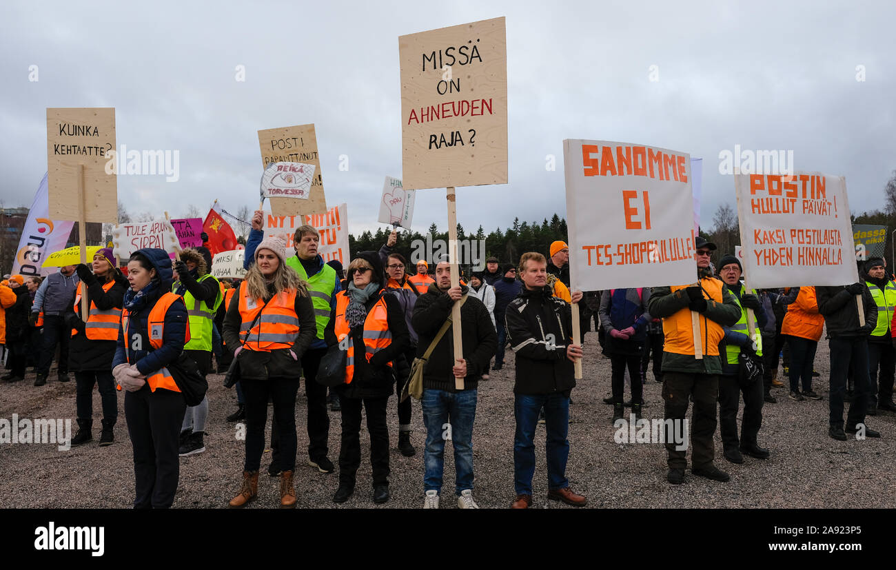 Postal strike in Finland 12.11.2019 Posti stikers march and to protest. The demonstration was called by the Finnish Post and Logistics Union (PAU) Stock Photo