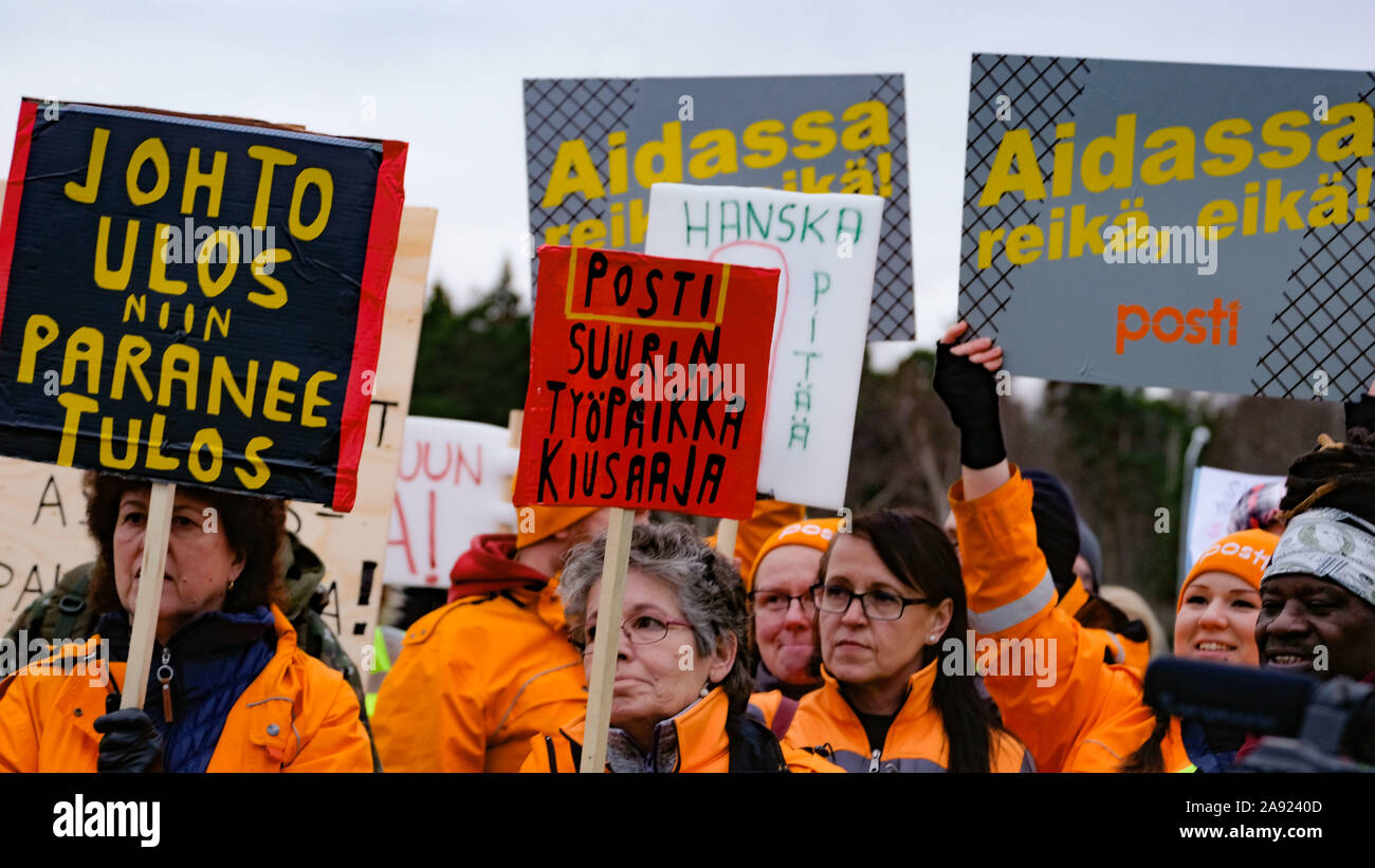 Postal strike in Finland 12.11.2019. Posti stikers march and to protest. The demonstration was called by the Finnish Post and Logistics Union (PAU) Stock Photo