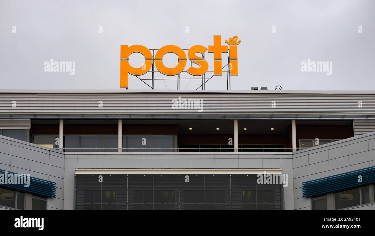 Posti Group sing on the headquarters roof Helsinki Finland Stock Photo