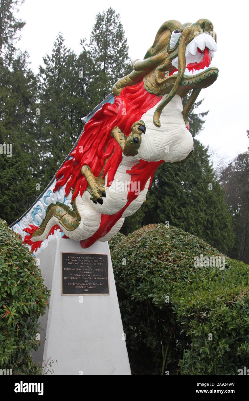 Figurehead of the SS Empress of Japan in Stanley Park, Vancouver, British Columbia, Canada, 2013 Winter Rain Stock Photo