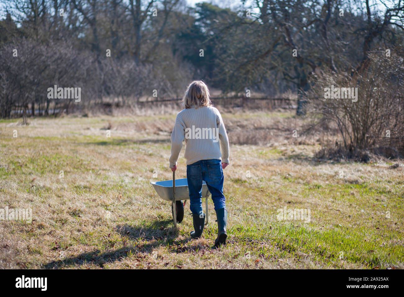 Woman pushing wheelbarrow Stock Photo - Alamy