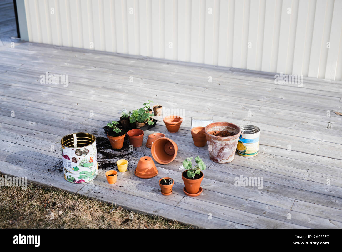 Pots and plants on deck Stock Photo