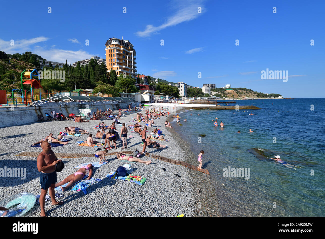 Koreiz, Crimea - July 6. 2019. The Public city beach Stock Photo