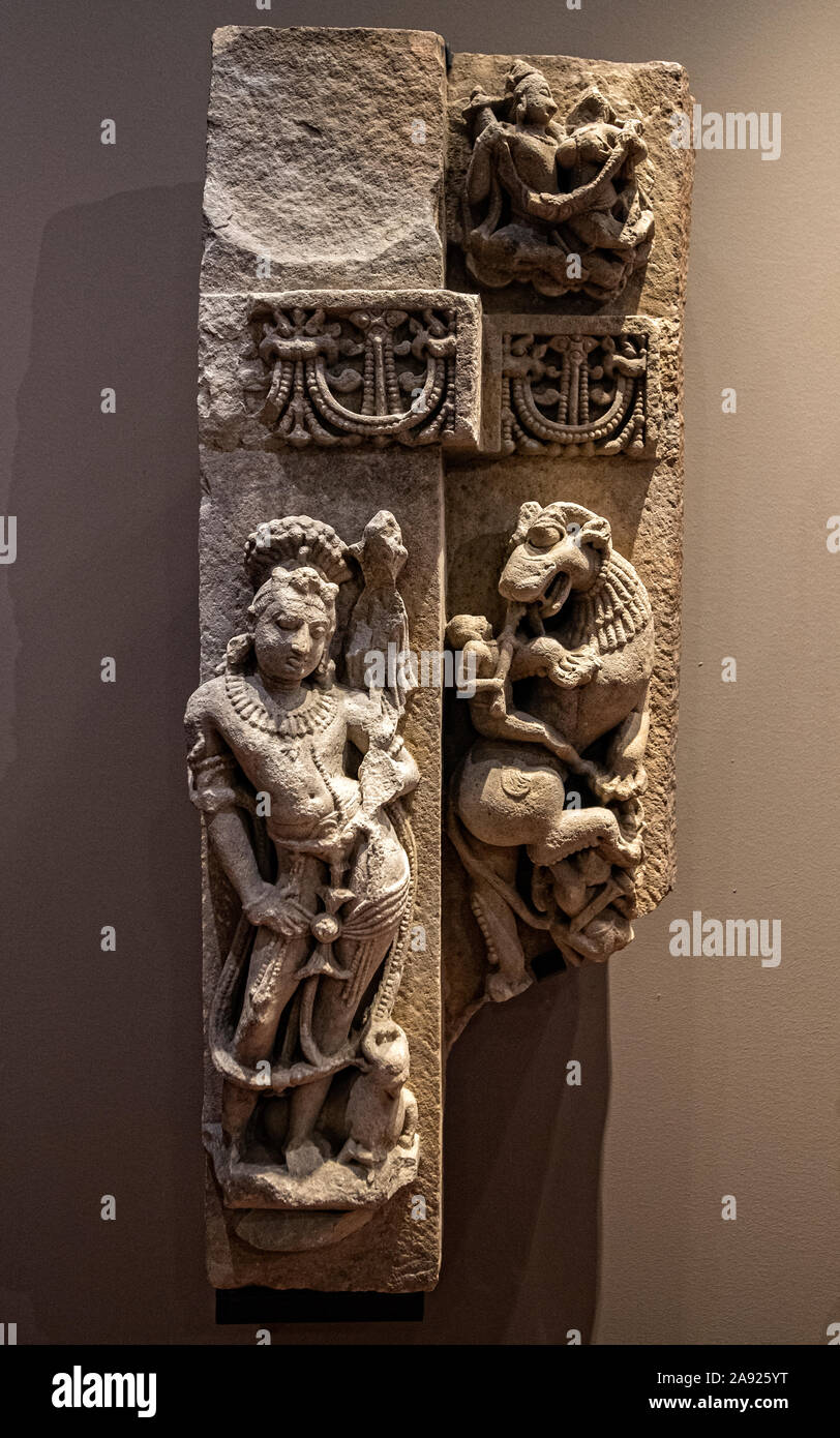 Italy Piedmont Turin - Mazzonis Palace - Mao Museum ( Museo d'Arte Orientale ) - Museum of Oriental art -  Shiva and Vyala - The Hindu god Shiva with the figure of a horned, rampant lion  - Madhya Pradesh 12th century A.D, Stock Photo