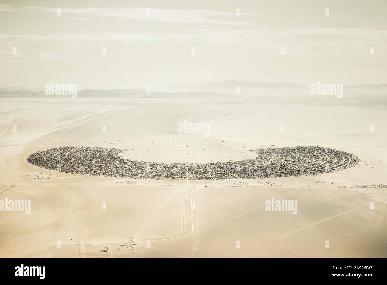 An aerial view of Burning Man 2019 photographed from 3,000 feet in the air. Stock Photo