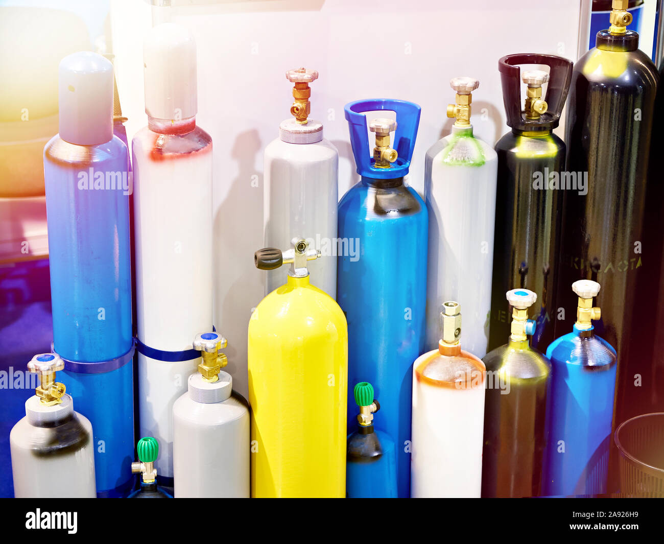 Metal cylinders for compressed gases on store Stock Photo