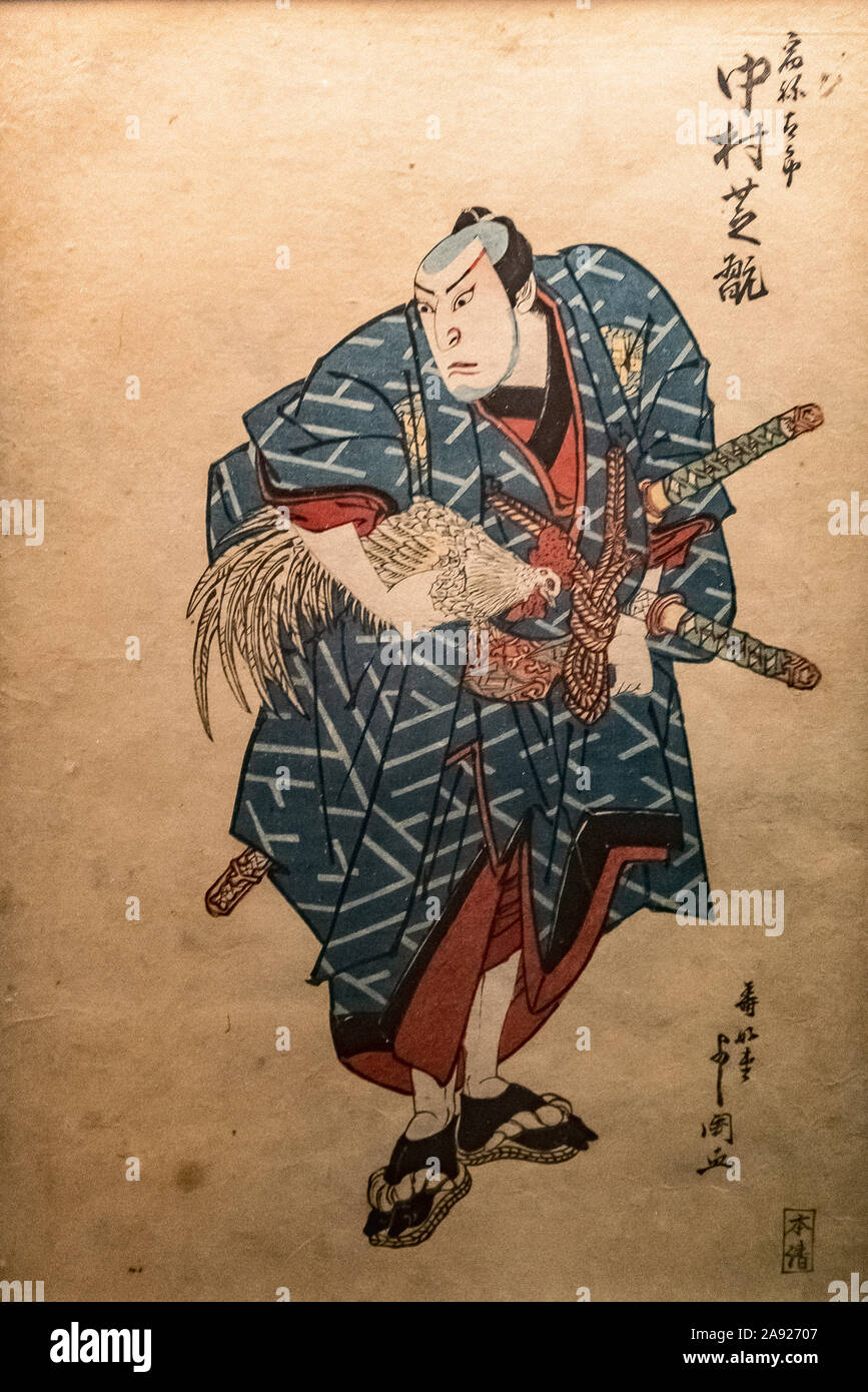 Italy Piedmont Turin - Mazzonis Palace - Mao Museum ( Museo d'Arte Orientale ) - Museum of Oriental art - Jukodo Yoshikuni ( Active 1813 - 1830 ) Samurai with a rooster - Edo Period c. 1825 Stock Photo