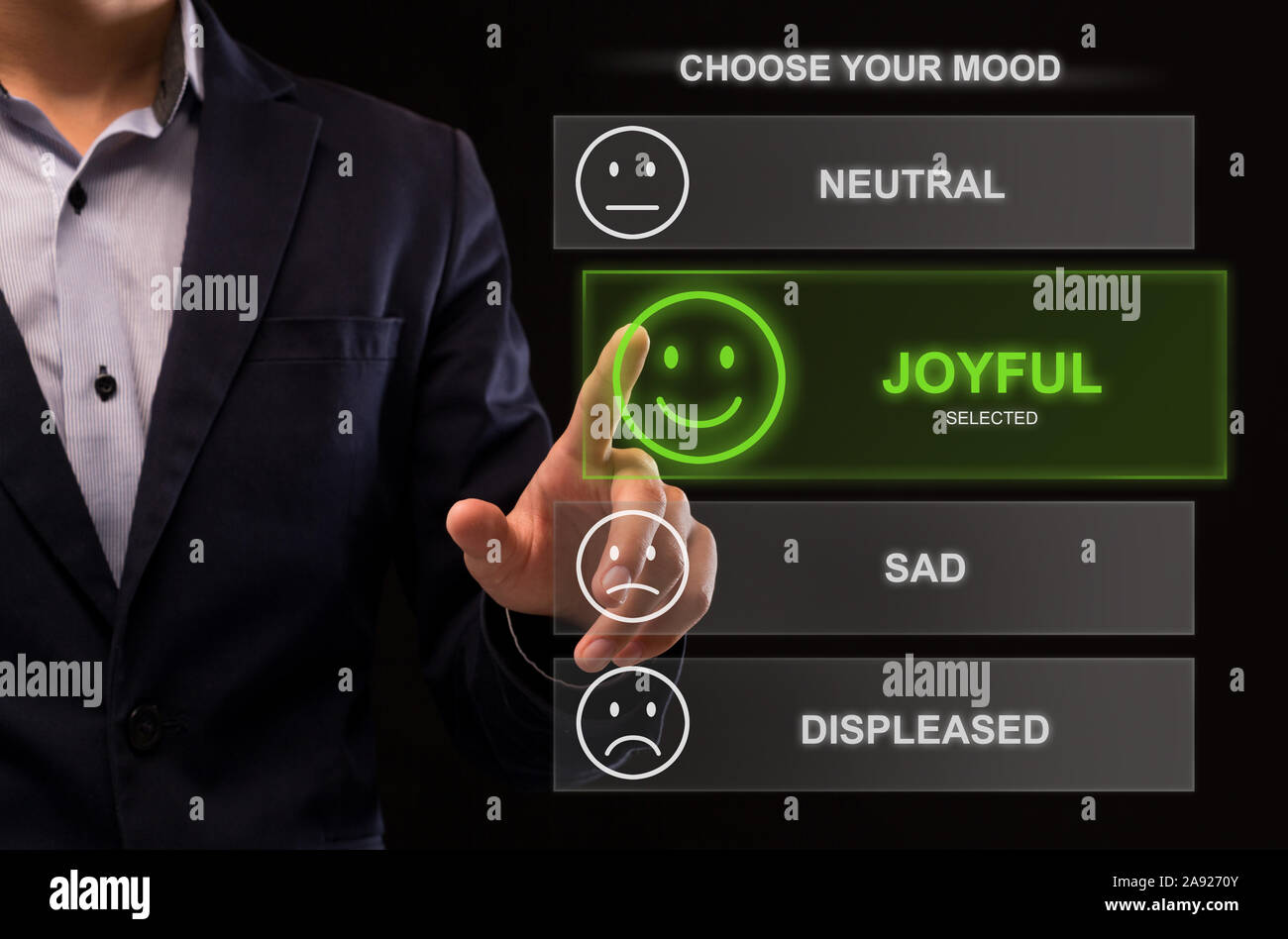 Unrecognizable man using selecting his mood online Stock Photo