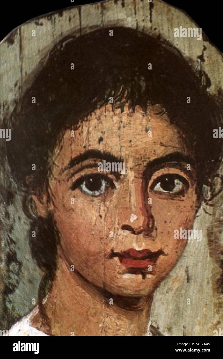 Fayum Portraits. Ancient Greek funeral paintings from 3rd century BC to 3rd century A.D. Egypt. Naturalistic mummy paintings. Stock Photo