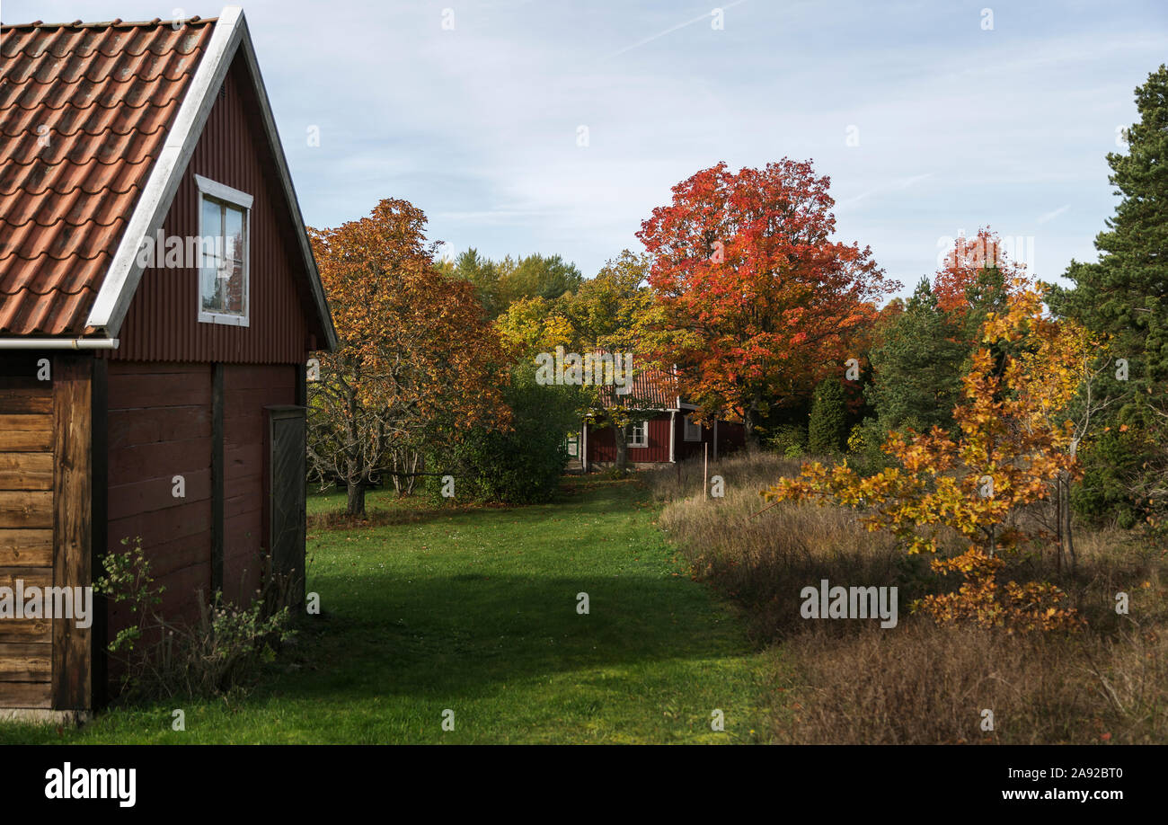 Wooden house with autumn trees Stock Photo - Alamy