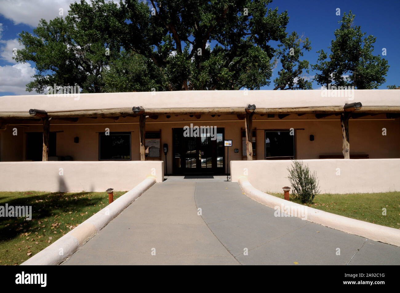 Entrance to the Aztec Ruins National Monument on the outskirts of the town of the same name in the north east corner of New Mexico USA. Stock Photo