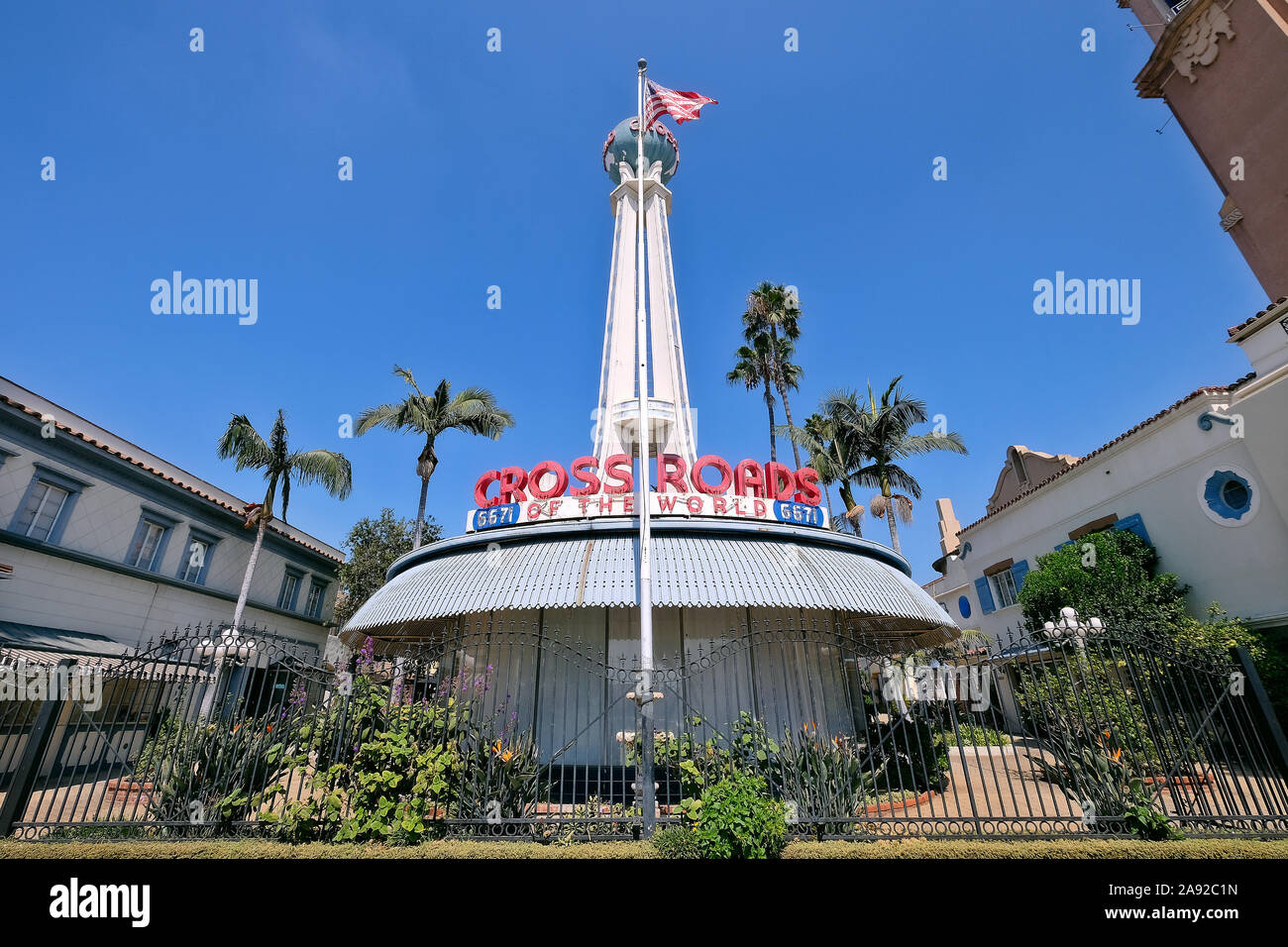 Iconic building, Crossroads of the World, outdoor shopping center, on Sunset Boulevard, Hollywood, Los Angeles, California, USA Stock Photo