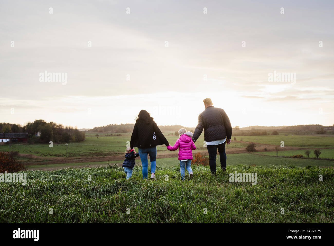 Family walking on meadow Stock Photo
