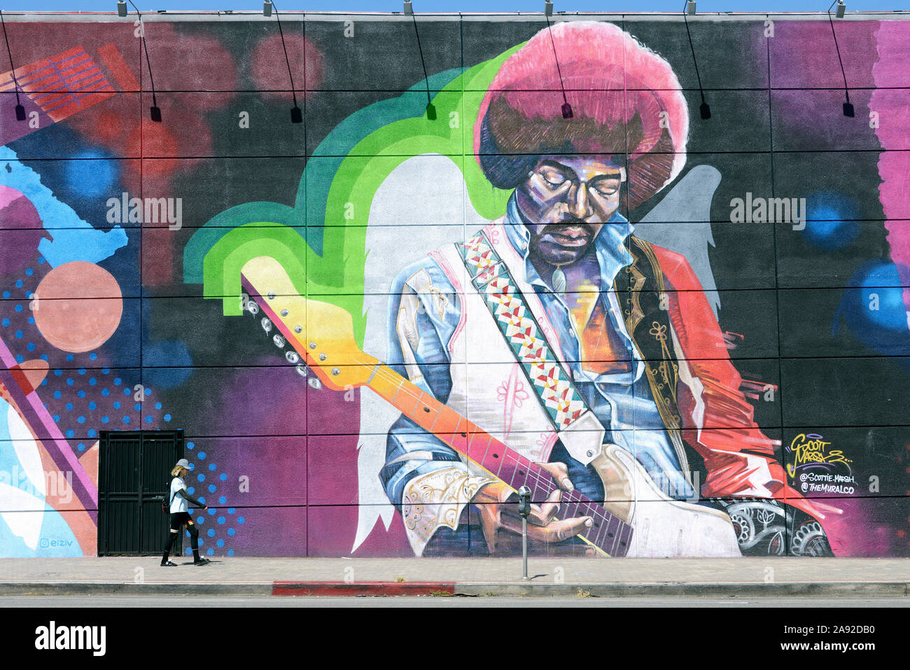 Wall painting by Jimi Hendrix at the Guitar Center Music Store on Sunset Boulevard, Hollywood, Los Angeles, California, USA Stock Photo