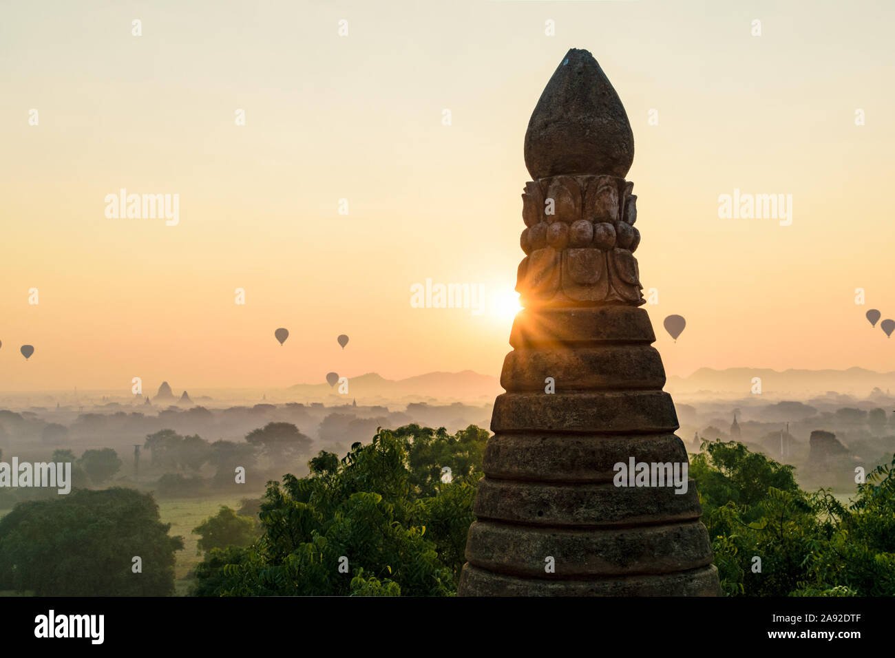 Sun rising over Bagan archaeological zone Stock Photo